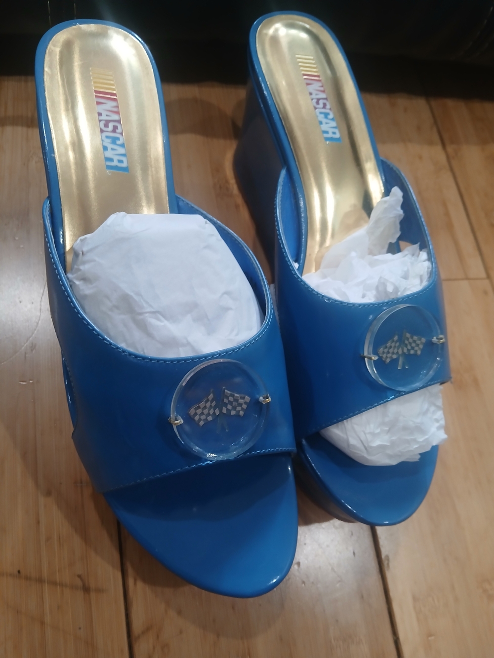 NASCAR Blue Patent Leather Wedge Mules